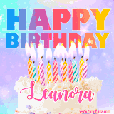 A vibrant animated name GIF with the words 'Happy Birthday Leanora' with colorful candles on a creamy cake. The background sparkles with pastel shades, adding a festive touch.