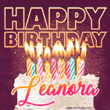 A colorful birthday cake topped with lit candles, with the words 'Happy Birthday Leanora' in bold glowing letters on a burgundy background. Animated flames add a festive touch.