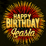 Golden 'Happy Birthday Leasia' text accompanied by animated rainbow fireworks for a festive animated greeting.