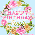 A charming animated GIF featuring 'Happy Birthday Leasia' in pink and green text, surrounded by delicate roses, leaves, and fluttering butterflies on a soft light blue pastel background.