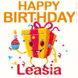 A vibrant and funny gift box character with a happy face dancing with a cupcake and the text 'Happy Birthday Leasia,' surrounded by animated confetti and party vibes.