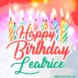 Bright birthday candles with rainbow flames on a cake, alongside the text 'Happy Birthday Leatrice' in vibrant script in this celebratory animated GIF.