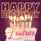 A colorful birthday cake topped with lit candles, with the words 'Happy Birthday Leatrice' in bold glowing letters on a burgundy background. Animated flames add a festive touch.
