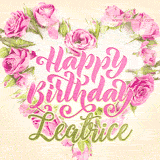 A stunning heart made of pink roses surrounds the elegant script text 'Happy Birthday Leatrice' on a soft beige background. Animated sparkles add a magical and festive feel.