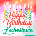 Bright birthday candles with rainbow flames on a cake, alongside the text 'Happy Birthday Lechosława' in vibrant script in this celebratory animated GIF.