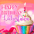 A vibrant birthday GIF featuring a rainbow-colored cupcake topped with white frosting, sprinkles, and a lit candle. The text reads 'Happy Birthday Lechosława' in bold pink and violet letters with white outline.
