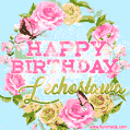 A charming animated GIF featuring 'Happy Birthday Lechosława' in pink and green text, surrounded by delicate roses, leaves, and fluttering butterflies on a soft light blue pastel background.