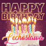 A colorful birthday cake topped with lit candles, with the words 'Happy Birthday Lechosława' in bold glowing letters on a burgundy background. Animated flames add a festive touch.