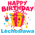 A vibrant and funny gift box character with a happy face dancing with a cupcake and the text 'Happy Birthday Lechosława,' surrounded by animated confetti and party vibes.