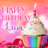 A vibrant birthday GIF featuring a rainbow-colored cupcake topped with white frosting, sprinkles, and a lit candle. The text reads 'Happy Birthday Lecia' in bold pink and violet letters with white outline.