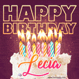 A colorful birthday cake topped with lit candles, with the words 'Happy Birthday Lecia' in bold glowing letters on a burgundy background. Animated flames add a festive touch.