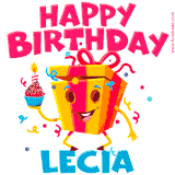 A vibrant and funny gift box character with a happy face dancing with a cupcake and the text 'Happy Birthday Lecia,' surrounded by animated confetti and party vibes.