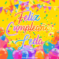 A bright and festive GIF with the text 'Feliz Cumpleaños Leda' in Spanish in colorful fonts, surrounded by confetti, balloons, and festive banners on a vibrant yellow background.