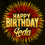Golden 'Happy Birthday Leda' text accompanied by animated rainbow fireworks for a festive animated greeting.