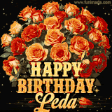 Animated bouquet of orange roses with moving butterfles and golden 'Happy Birthday Leda' text, surrounded by sparkling accents and a dark backdrop for a luxurious feel.
