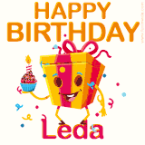 A vibrant and funny gift box character with a happy face dancing with a cupcake and the text 'Happy Birthday Leda,' surrounded by animated confetti and party vibes.