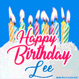 A cheerful animated GIF featuring colorful lit birthday candles on a white cake, with the text 'Happy Birthday Lee' in bold red and blue script on a bright blue background.