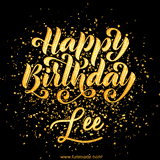 Animated GIF with colorful, festive 'Happy Birthday Lee' text decorated with patterns, a party hat, and falling confetti. A vibrant and cheerful design for birthday celebrations.