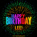 A colorful animated GIF featuring the text 'Happy Birthday Lee!' in rainbow colors with a dynamic iridescent firework display in the background.