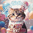 Happy birthday gif for Lee with cat and cake