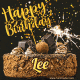 Animated GIF featuring the text 'Happy Birthday Lee' written in glittering gold above the luxurious chocolate birthday cake adorned with truffles, gold stars, and sparklers.