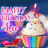 A festive animated GIF featuring a colorful cupcake with a single lit candle, sprinkles, and 'Happy Birthday Lee' text against a sparkling, celebratory background.