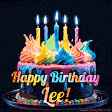 A vibrant animated GIF featuring a colorful rotating birthday cake with bright frosting swirls, glowing candles, and the text 'Happy Birthday Lee!' in rainbow colors.