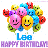 An animated birthday-themed name GIF with colorful smiling balloons and bold 'Lee, Happy Birthday!' text for a celebratory touch.