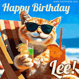 A cheerful cat wearing sunglasses, enjoying drinks on a sunny beach chair, with the text 'Happy Birthday Lee!' in bright letters.
