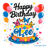 Happy Birthday written in black cursive script above a decorated cake with butterflies and balloons, personalized for Lee.