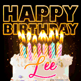 A vibrant animated GIF featuring a delicious birthday cake topped with glowing candles and the name 'Lee' in elegant script, and the words 'Happy Birthday' on the black background.