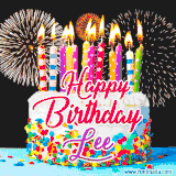 A lively happy birthday animated GIF showcasing a colorful birthday cake covered in sprinkles, topped with glowing candles, and surrounded by vibrant fireworks. The name 'Lee' is featured in elegant script.