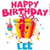 A funny animated birthday GIF with the words 'Happy Birthday Leea', colorful gift box with arms and legs, holding a cupcake with a lit candle  with confetti everywhere.