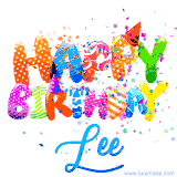 Animated GIF with colorful, festive 'Happy Birthday Lee' text decorated with patterns, a party hat, and falling confetti. A vibrant and cheerful design for birthday celebrations.