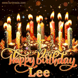 A glowing personalized birthday GIF with name Lee featuring lit candles with intricate designs, warm lighting, and the text 'Happy Birthday' in an elegant font.