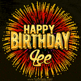 Golden 'Happy Birthday Lee' text accompanied by animated rainbow fireworks for a festive animated greeting.