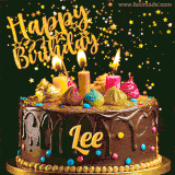 A delightful chocolate birthday cake with bright candles and 'Happy Birthday Lee' written in gold amidst a shower of animated stars.