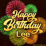 Golden text reading 'Happy Birthday Lee' surrounded by vibrant fireworks in red, green, and yellow, set against a dark background in this celebratory birthday GIF.