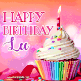 A vibrant birthday GIF featuring a rainbow-colored cupcake topped with white frosting, sprinkles, and a lit candle. The text reads 'Happy Birthday Lee' in bold pink and violet letters with white outline.