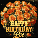 Animated bouquet of orange roses with moving butterfles and golden 'Happy Birthday Lee' text, surrounded by sparkling accents and a dark backdrop for a luxurious feel.