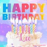 A vibrant animated name GIF with the words 'Happy Birthday Lee' with colorful candles on a creamy cake. The background sparkles with pastel shades, adding a festive touch.