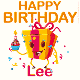 A vibrant and funny gift box character with a happy face dancing with a cupcake and the text 'Happy Birthday Lee,' surrounded by animated confetti and party vibes.