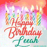 Bright birthday candles with rainbow flames on a cake, alongside the text 'Happy Birthday Leeah' in vibrant script in this celebratory animated GIF.