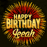 Golden 'Happy Birthday Leeah' text accompanied by animated rainbow fireworks for a festive animated greeting.