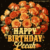Animated bouquet of orange roses with moving butterfles and golden 'Happy Birthday Leeah' text, surrounded by sparkling accents and a dark backdrop for a luxurious feel.