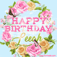 A charming animated GIF featuring 'Happy Birthday Leeah' in pink and green text, surrounded by delicate roses, leaves, and fluttering butterflies on a soft light blue pastel background.