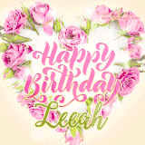 A stunning heart made of pink roses surrounds the elegant script text 'Happy Birthday Leeah' on a soft beige background. Animated sparkles add a magical and festive feel.