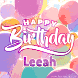 A vibrant name GIF featuring colorful balloons in shades of pink, orange, and yellow with the bold text 'Happy Birthday Leeah' in festive fonts, creating a lively birthday vibe.