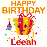 A vibrant and funny gift box character with a happy face dancing with a cupcake and the text 'Happy Birthday Leeah,' surrounded by animated confetti and party vibes.