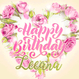 A stunning heart made of pink roses surrounds the elegant script text 'Happy Birthday Leeana' on a soft beige background. Animated sparkles add a magical and festive feel.